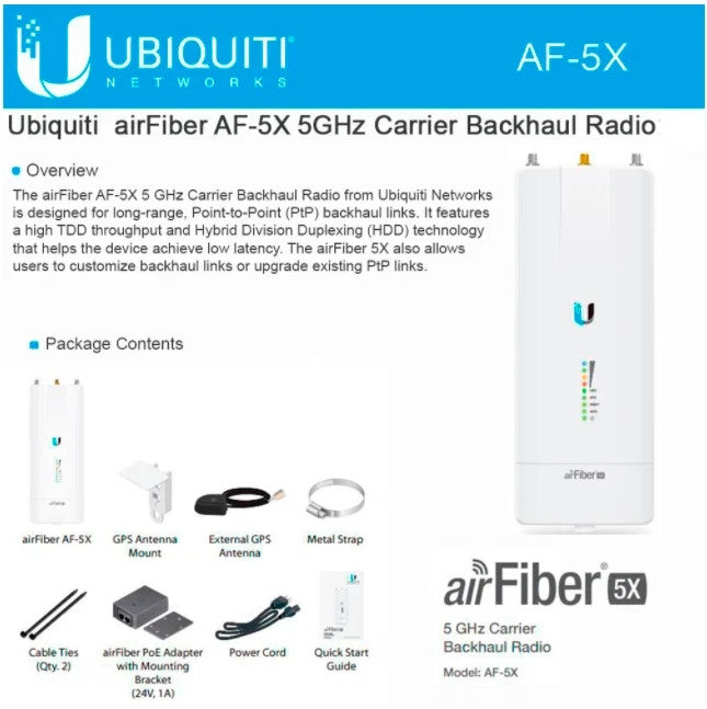 Ubiquiti AF-5X airFiber X PtP 5GHz carrier backhaul radio GPS Sync