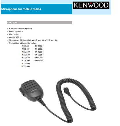 KENWOOD KMC-60M Standard Microphone for Mobile Radios NX-740 TK-7302 TKD-740