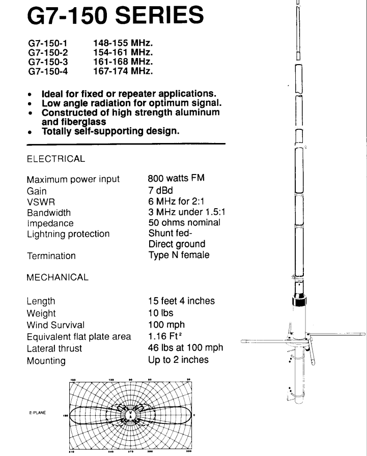 HUSTLER G7-150-2 VHF Base Antenna Frequency Range 154-161 MHz 7 dB gain