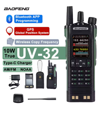 Baofeng UV-32 10W GPS Bluetooth Recording USB-C Multi band AM FM UHF VHF