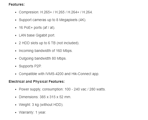Epcom XR216A/16PH NVR 8MP (4K) 16 Channels IP, 16 PoE+ Ports 2 HDD Slots