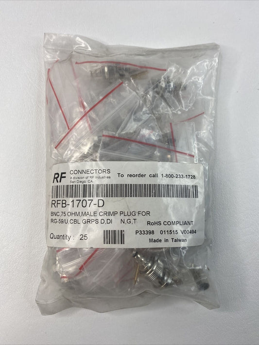 5PK RF Industries RFB-1707-D 75 Ohm BNC Male Connector to Crimp on RG-59/U Cable