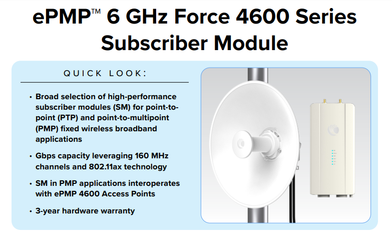 Cambium C060940C121A Force 4600C 6GHz Connectorized SM, 4x4 MU-MIMO 802.11ax RoW