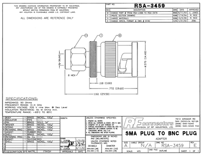 RF Industries RSA-3459 Straight Adaptor from SMA Male to BNC Male Connector