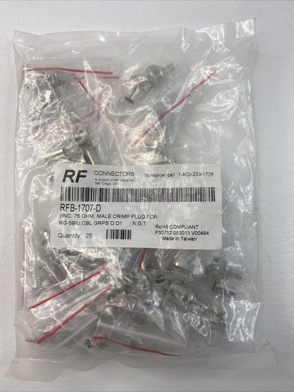 5PK RF Industries RFB-1707-D 75 Ohm BNC Male Connector to Crimp on RG-59/U Cable