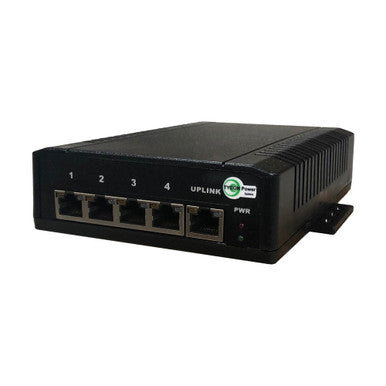 Tycon 5 Port 140W Gigabit 802.3at PoE Switch. One 802.3bt PoE input and Four 802.3at PoE outputs. 48-57VDC