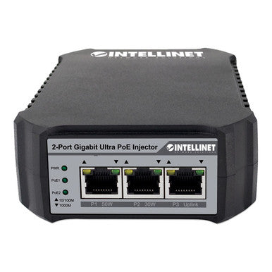 Intellinet 561488 2-Port Gigabit Ultra PoE Injector 50W/30W Power Output IEEE 802.3af/at Compliant 80W PoE Budget Wall-Mountable