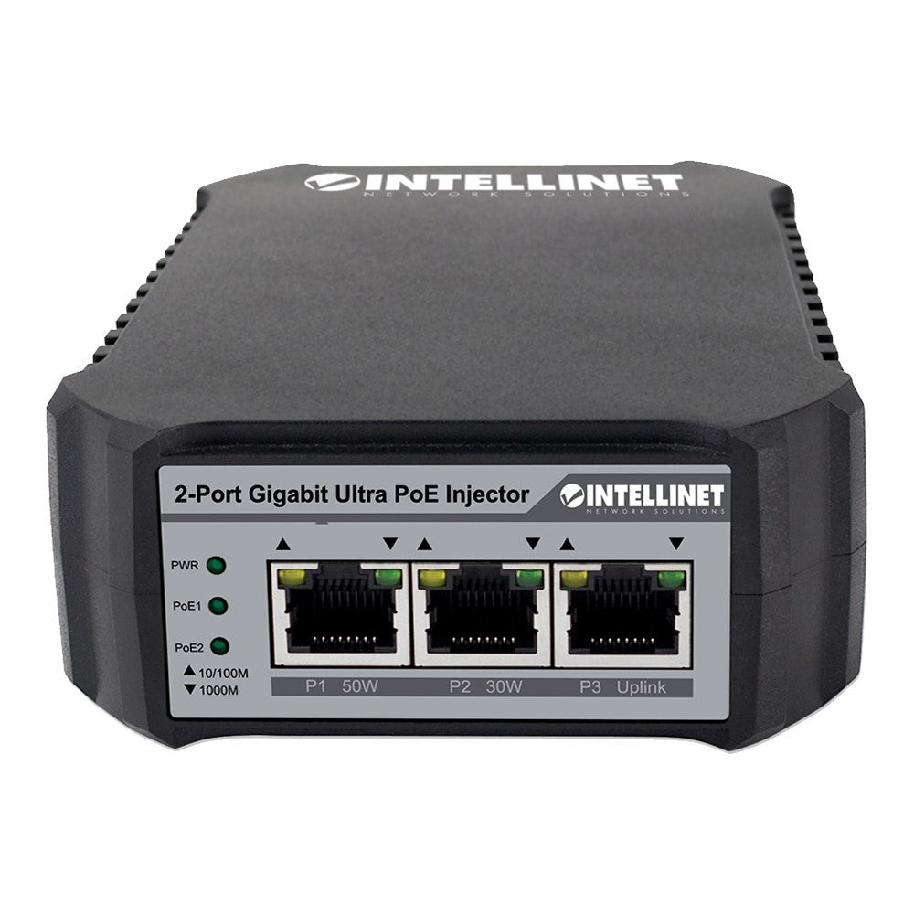 Intellinet 561488 2-Port Gigabit Ultra PoE Injector 50W/30W Power Output IEEE 802.3af/at Compliant 80W PoE Budget Wall-Mountable
