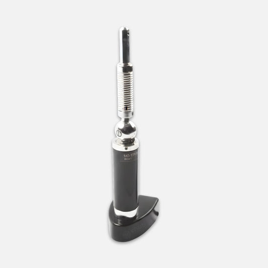 Black and silver tool on a white background