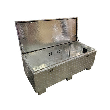 Tycon 65x28x18 inch AL Outdoor enclosure. hinged lid. locking closures w/ key. 2mm thick Aluminum Diamond Plate. 4 RJ45 Feedthru. 4 hole plug