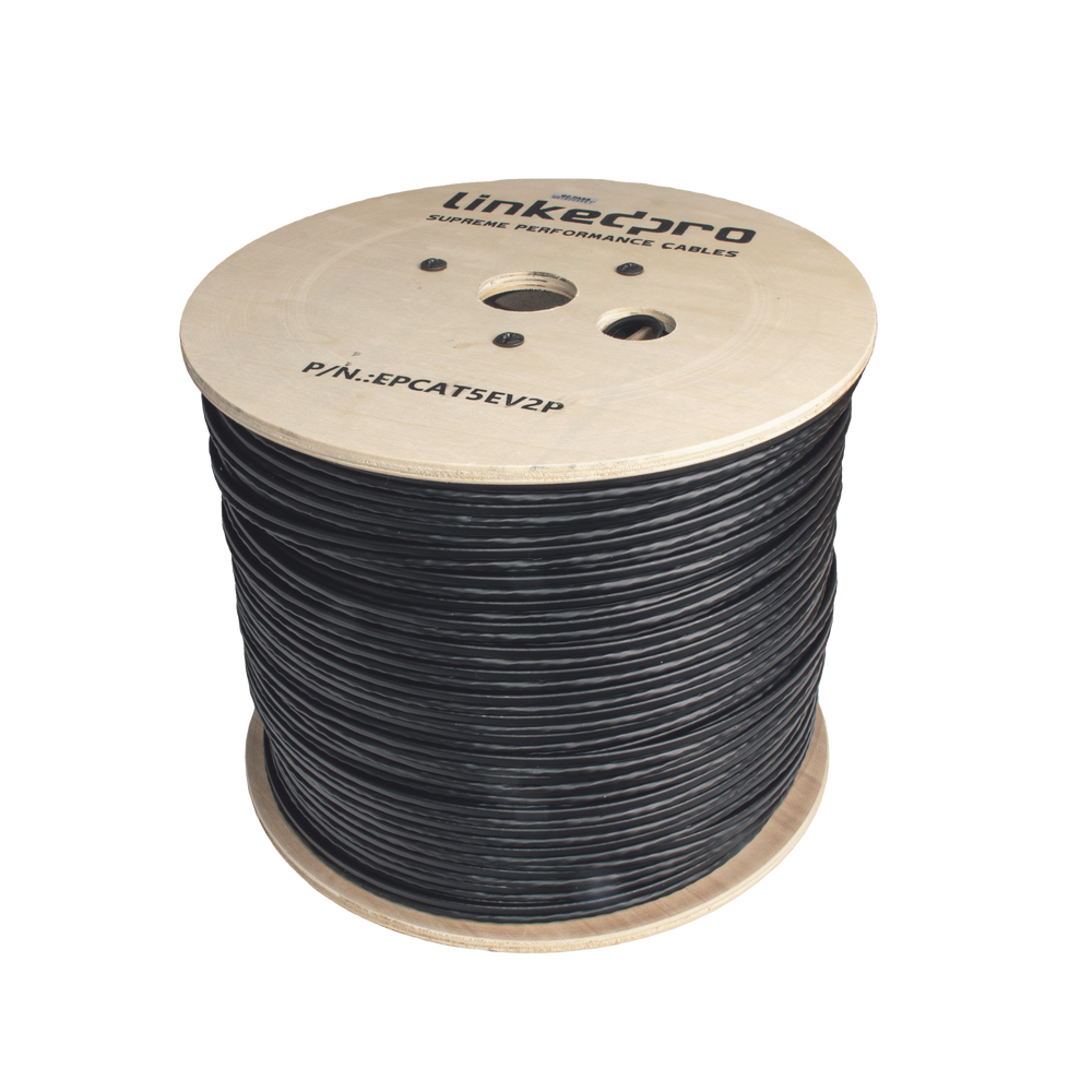 Linkedpro EP-CAT-5E-V2P 1000ft (305m) Cat5e + 16/2 Power Outdoor Combo Cable - CCA Bulk Ethernet with 16 AWG Power Pair for Long Range PoE & IP Cameras - UV Rated LDPE, Black