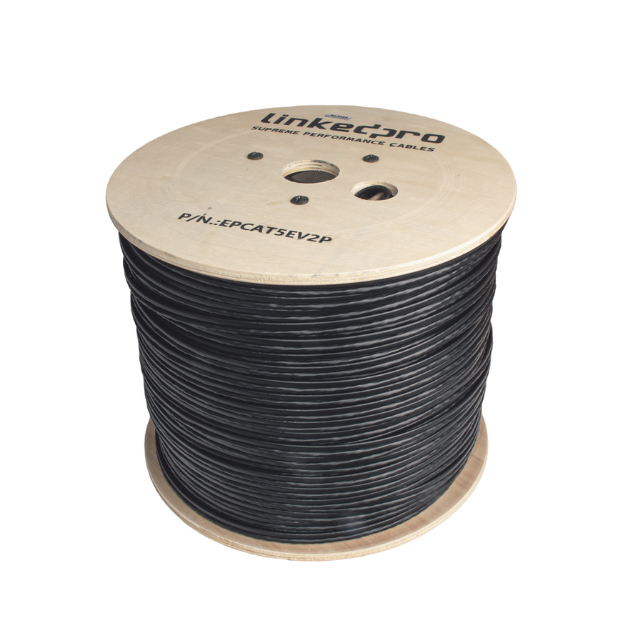 Linkedpro EP-CAT-5E-V2P 1000ft (305m) Cat5e + 16/2 Power Outdoor Combo Cable - CCA Bulk Ethernet with 16 AWG Power Pair for Long Range PoE & IP Cameras - UV Rated LDPE, Black