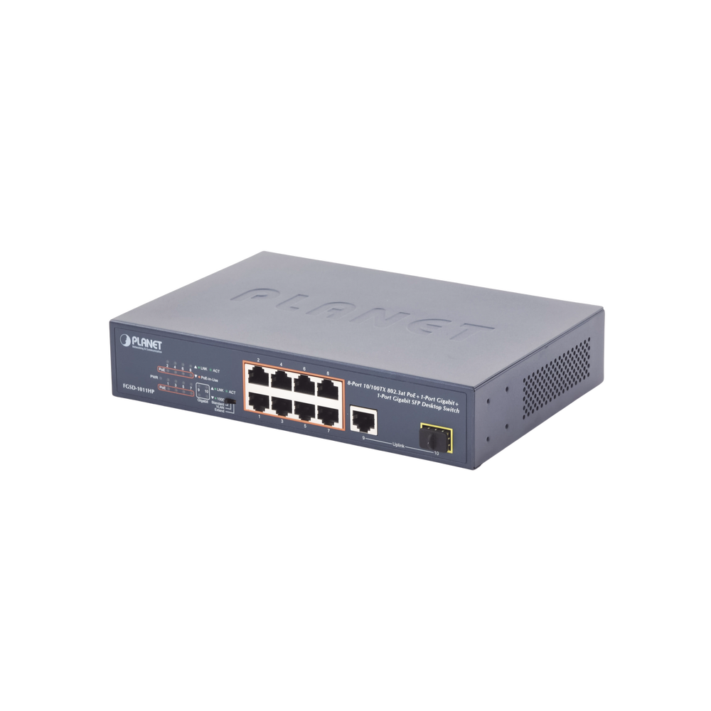 Planet FGSD-1011HP Unmanaged Switch 8 ports 10/100 PoE 802.3af/at, 120W PoE Budget, 1 Uplink Port 10/100/1000 and 1 SFP 100/1000