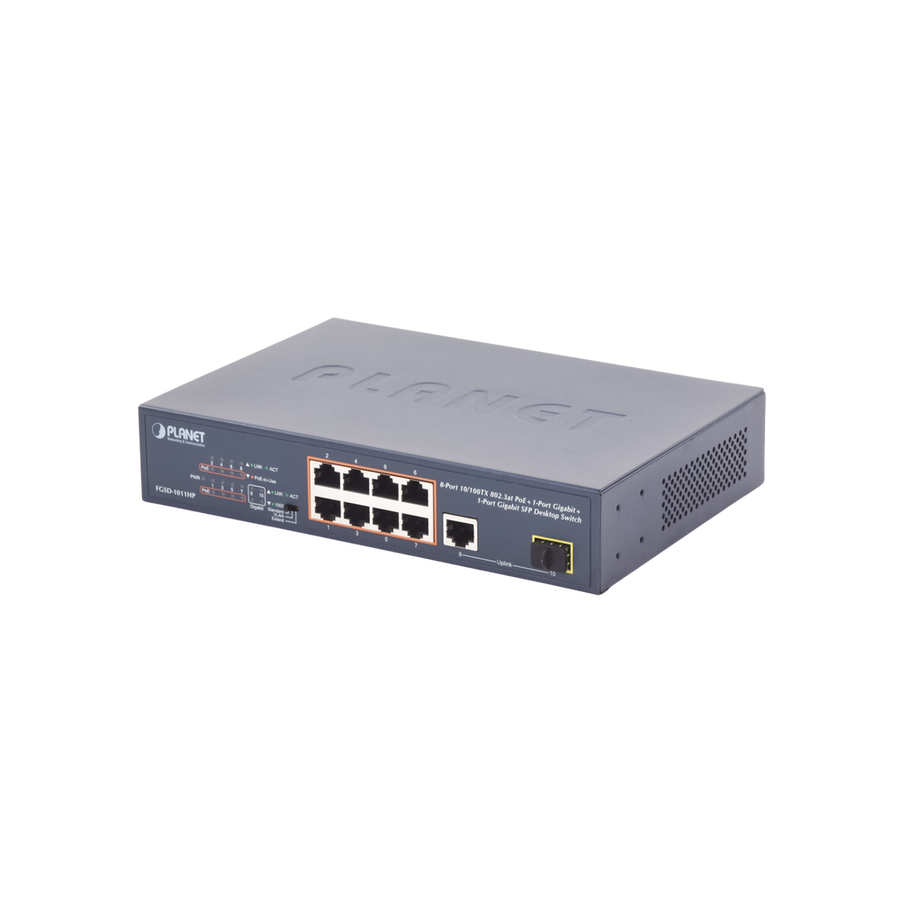 Planet FGSD-1011HP Unmanaged Switch 8 ports 10/100 PoE 802.3af/at, 120W PoE Budget, 1 Uplink Port 10/100/1000 and 1 SFP 100/1000