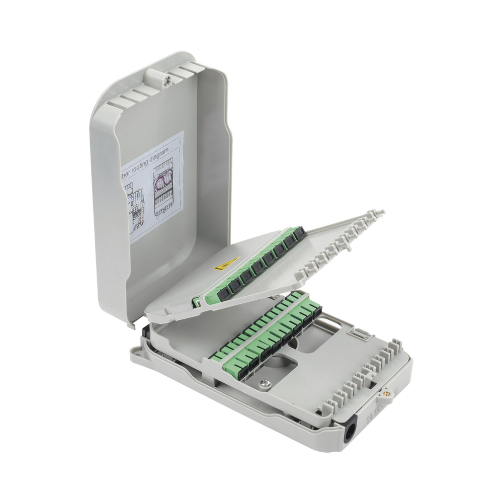 Fiberhome FTB-523-SCA Fiber Optic Termination Box for Indoor Installation, Wall Mounting, 16 Couplers SC/APC Mono-mode, up to 16 Splices