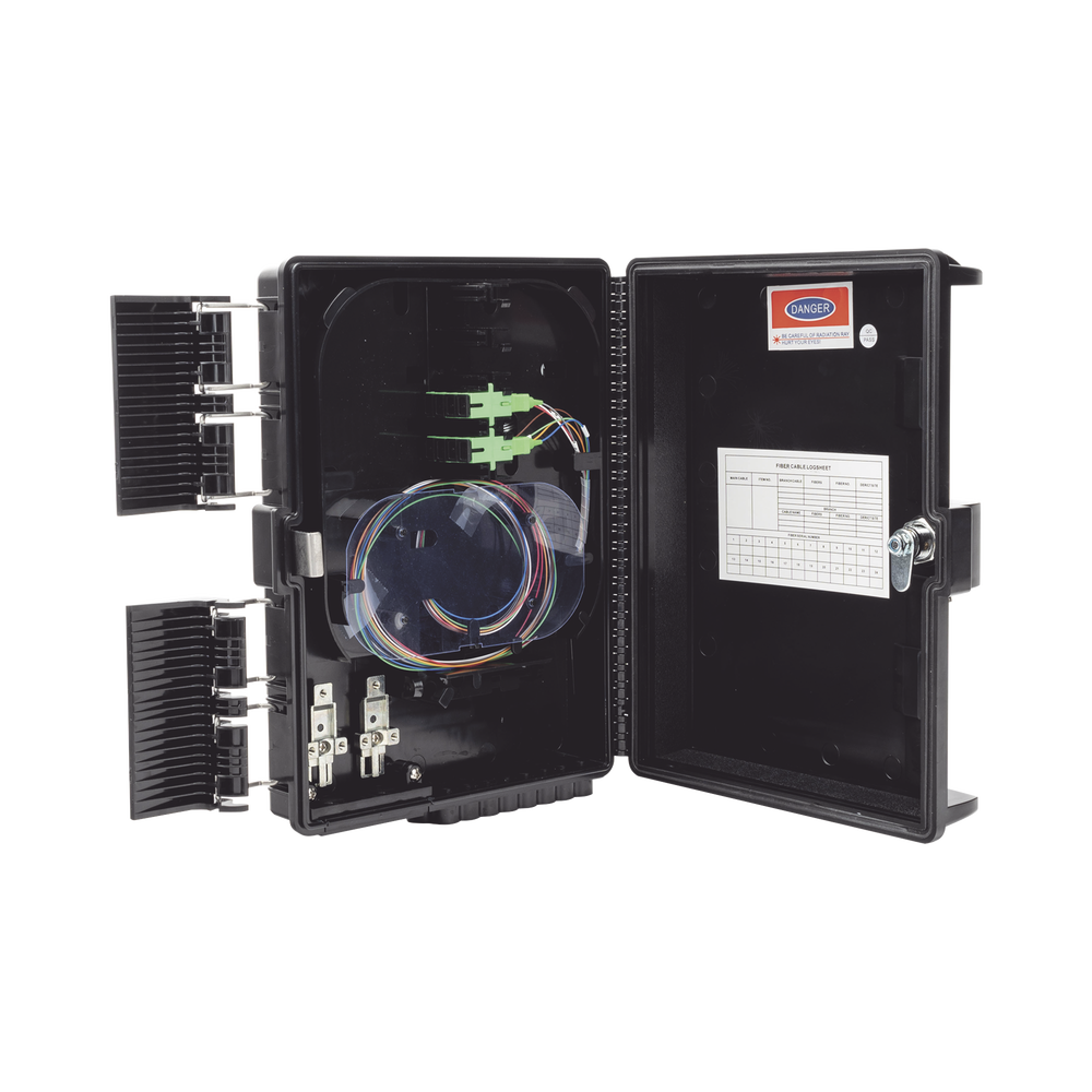 Fiberhome GFS-8G Fiber Distribution Box, 24 Splices, IP65, Black, Indoor/Outdoor, with 8 SC/APC adaptors and 1x8 splitter
