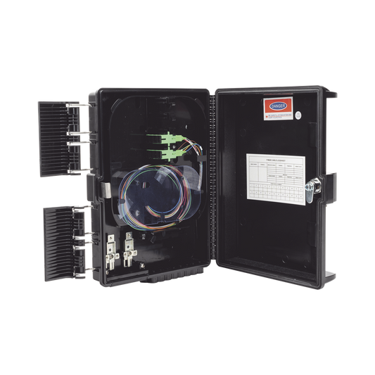 Fiberhome GFS-8G Fiber Distribution Box, 24 Splices, IP65, Black, Indoor/Outdoor, with 8 SC/APC adaptors and 1x8 splitter
