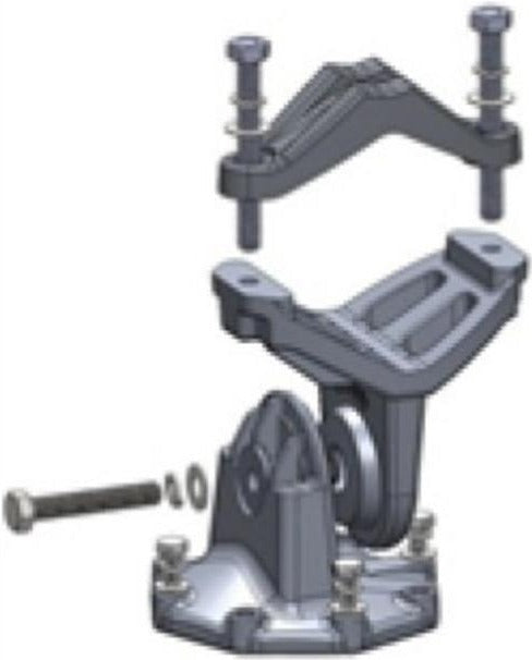 A 3D rendering of a dark gray metal mounting bracket assembly with screws and washers, shown on a white background with a large black area on the right side.