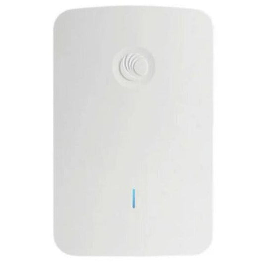 A white rectangular electronic device with rounded corners, featuring a circular wave-like icon near the top and a small vertical blue indicator light near the bottom, shown on a white background with a large black block on the right side.