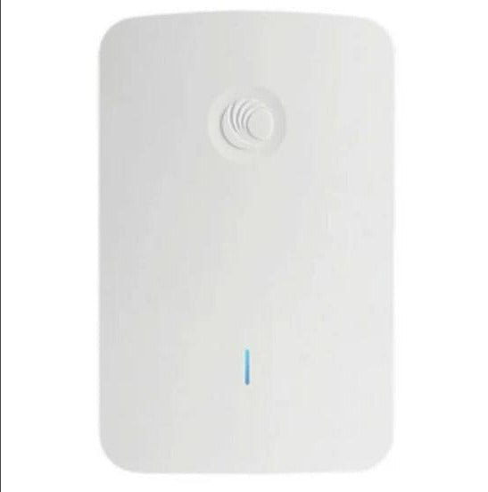 A white rectangular electronic device with rounded corners, featuring a circular wave-like icon near the top and a small vertical blue indicator light near the bottom, shown on a white background with a large black block on the right side.
