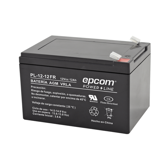 Epcom Powerline PL-12-12-FR Backup battery / 12 V, 12 Ah / UL / AGM-VRLA technology / Flame retardant / For use in electronic equipment Intrusion alarms / Fire / Access control / Video Surveillance / F2 type terminals.