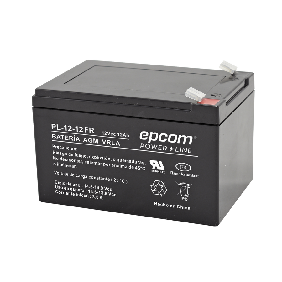 Epcom Powerline PL-12-12-FR Backup battery / 12 V, 12 Ah / UL / AGM-VRLA technology / Flame retardant / For use in electronic equipment Intrusion alarms / Fire / Access control / Video Surveillance / F2 type terminals.