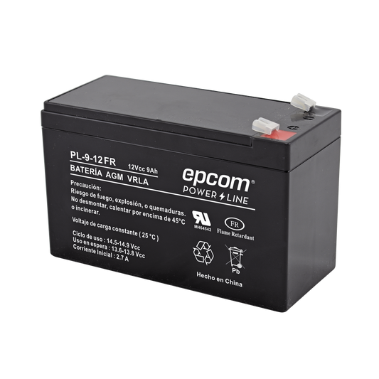 Epcom Powerline PL-9-12FR Backup battery / 12 V, 9 Ah / UL / AGM-VRLA technology / Flame retardant / For use in electronic equipment Intrusion alarms / Fire / Access control / Video Surveillance / F1 type terminals.