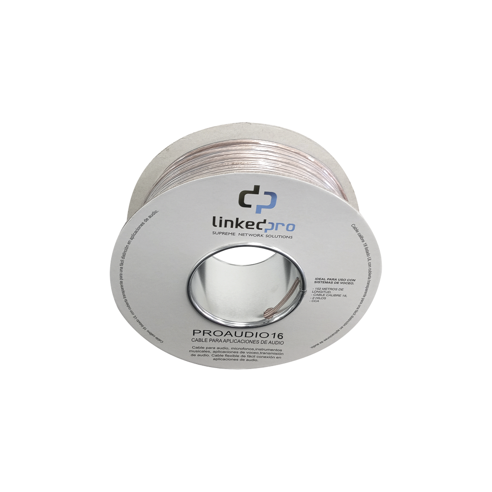 Linkedpro PROAUDIO16 Professional Grade Audio Cable, Gauge 16/2 Wires, Type CCA, Ideal for Speakers and Microphones, Reel 500 ft (150 m) Transparent