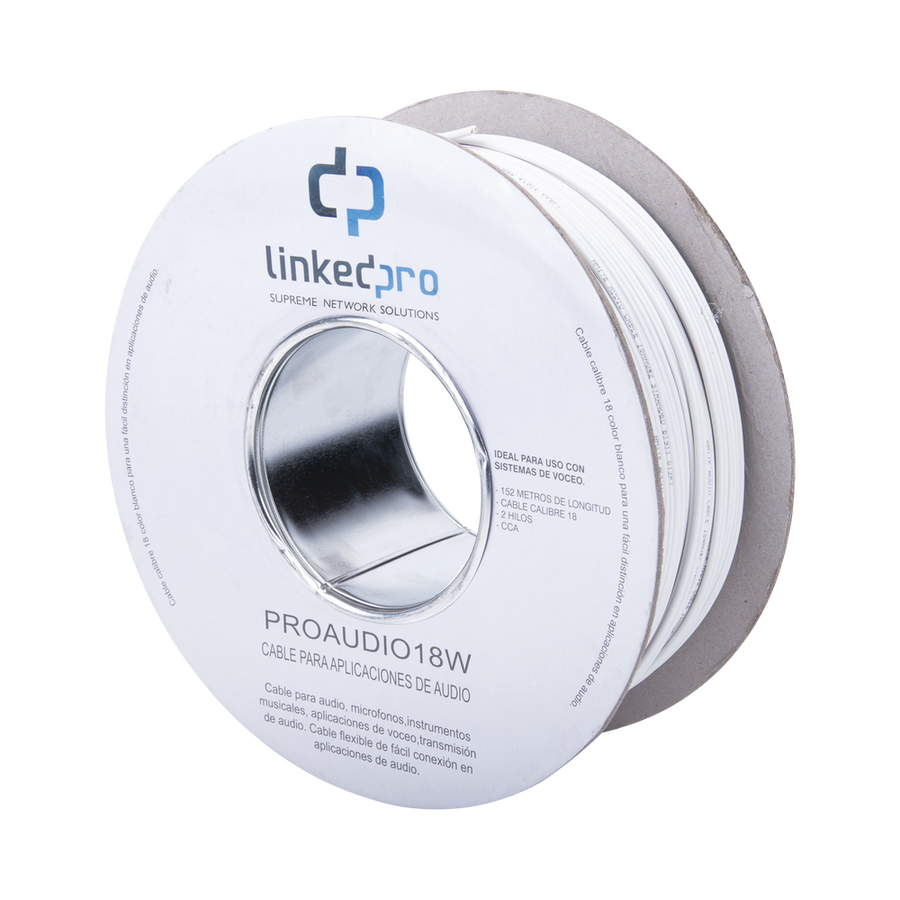 Linkedpro PRO-AUDIO-18W Professional Grade Audio Cable, Gauge 18, 2 Wires, Type CCA, Color White, Perfect for Speakers, Reel 152 m (500 ft)