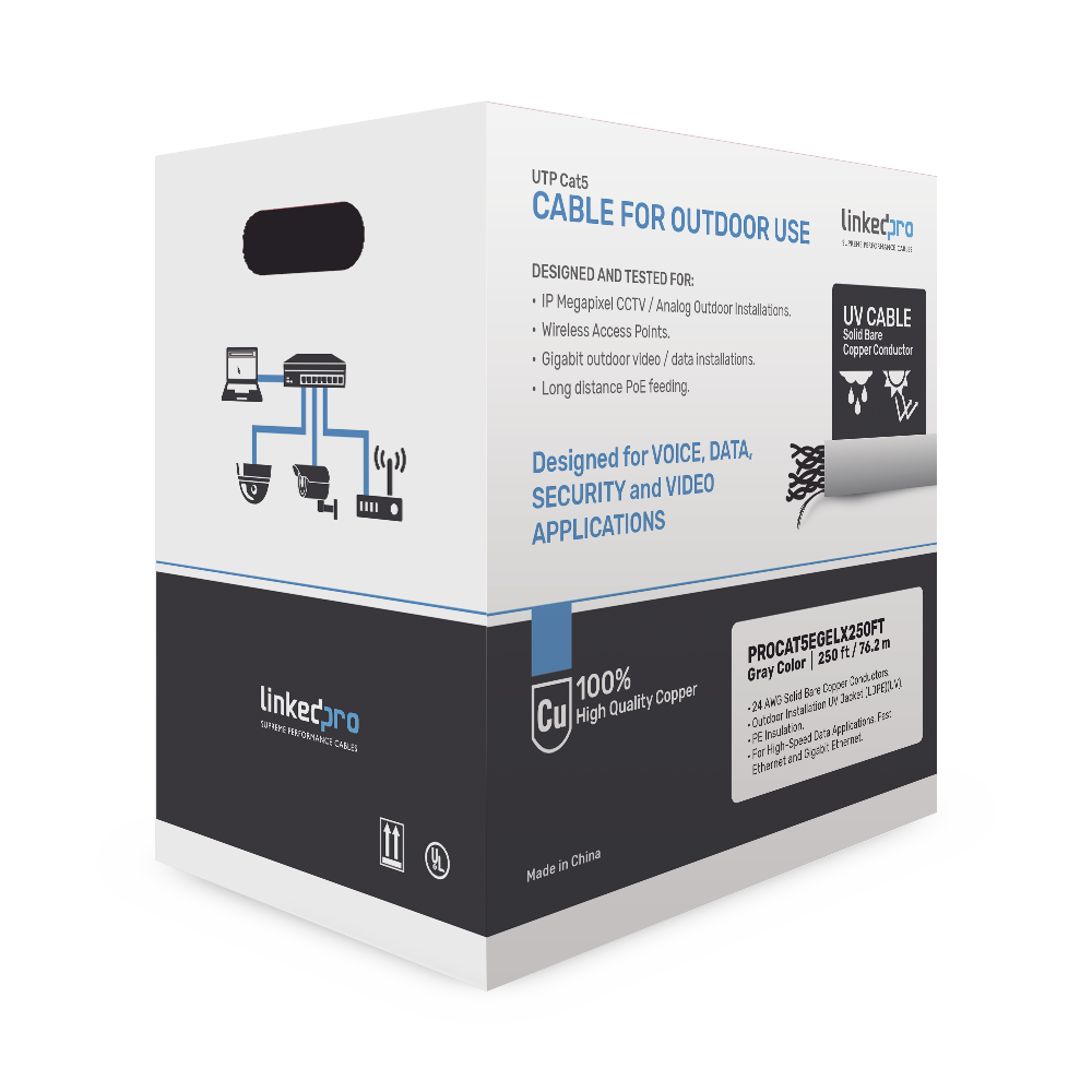 Linkedpro PRO-CAT-5E-GELX-250FT Reel CAT5e 250ft Cable Coil with Outdoor and Underground Gel, double jacket, UL, Black, for Video Surveillance Applications, and High-Speed Networks, Outdoor Use