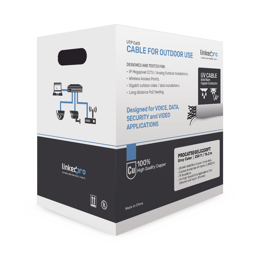 Linkedpro PRO-CAT-5E-GELX-250FT Reel CAT5e 250ft Cable Coil with Outdoor and Underground Gel, double jacket, UL, Black, for Video Surveillance Applications, and High-Speed Networks, Outdoor Use