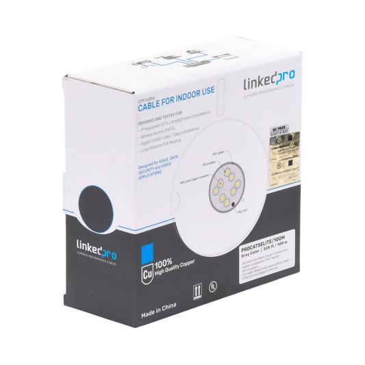 Linkedpro PRO-CAT-5E-LITE/100M 328 ft 100m Cable Reel, Cat5e, 24 AWG, Gray, UL, for Video Surveillance applications, Data Networks. Indoor Use