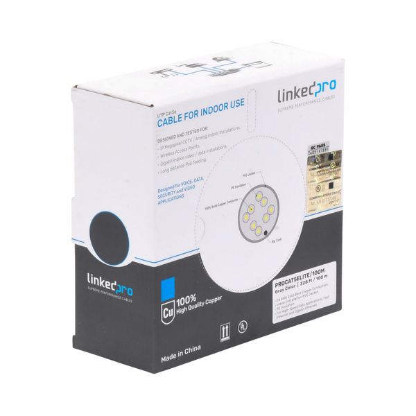 Linkedpro PRO-CAT-5E-LITE/100M 328 ft 100m Cable Reel, Cat5e, 24 AWG, Gray, UL, for Video Surveillance applications, Data Networks. Indoor Use