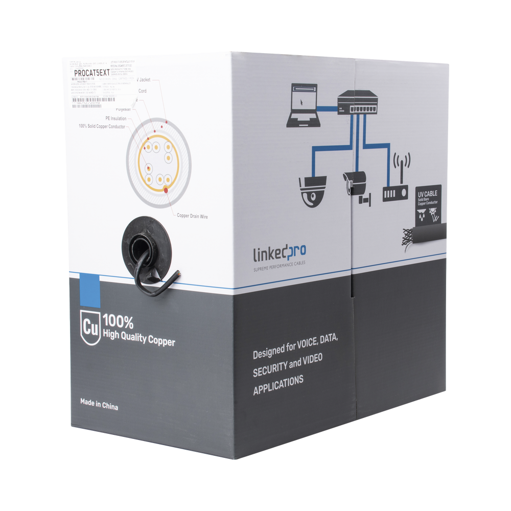 Linkedpro PRO-CAT-5-EXT Reel of 1000 ft, Cat5e FTP, shielded, UL black color, for Video Surveillance applications, data networks and Outdoor use