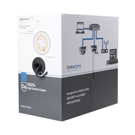 Linkedpro PRO-CAT-5-EXT Reel of 1000 ft, Cat5e FTP, shielded, UL black color, for Video Surveillance applications, data networks and Outdoor use