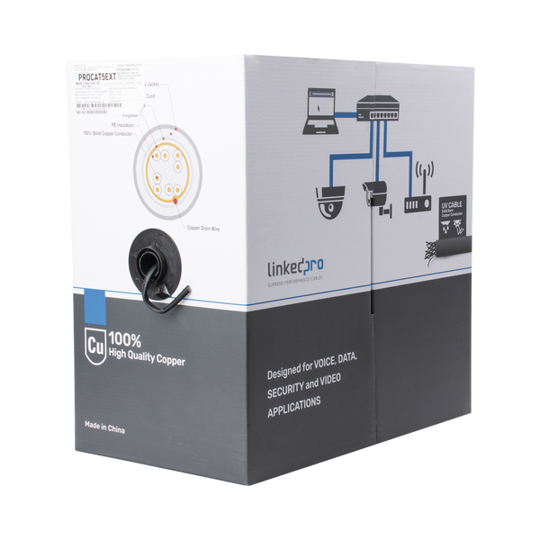 Linkedpro PRO-CAT-5-EXT Reel of 1000 ft, Cat5e FTP, shielded, UL black color, for Video Surveillance applications, data networks and Outdoor use
