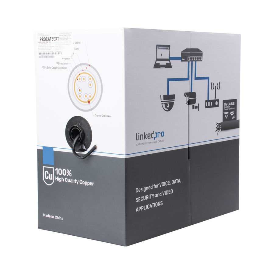 Linkedpro PRO-CAT-5-EXT Reel of 1000 ft, Cat5e FTP, shielded, UL black color, for Video Surveillance applications, data networks and Outdoor use