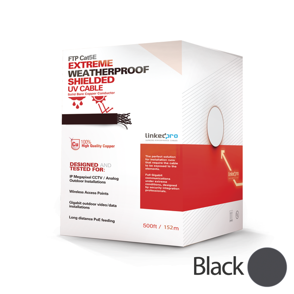 Linkedpro PRO-CAT-5-EXT/500 Cat5e Type FTP, shielded,Cable 500 ft , FTP Cat5e for Outdoor Environments, UL, Black, for Video Surveillance Applications, Data Networks.