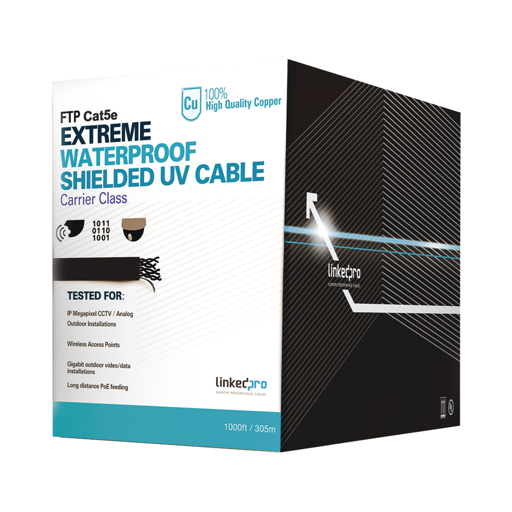 Linkedpro PRO-CAT5-EXT-LITE Black 1000FT Outdoor Cat5e Cable Reel (24 AWG Solid Copper, UV Resistant CMX, Direct Burial) - Shielded Network & PoE Ethernet, UL Certified