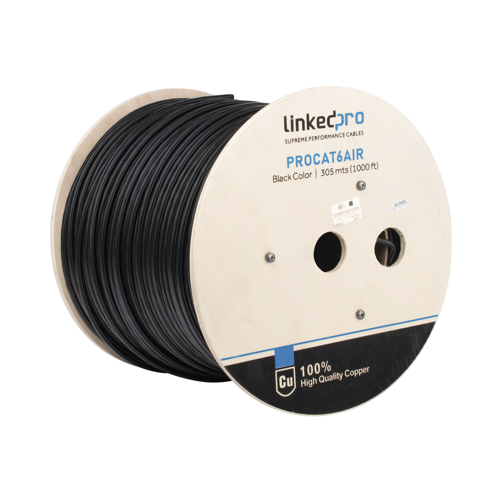 Linkedpro PRO-CAT-6-AIR Cat6 FTP cable for outdoor, black, 1000 ft (305 m), for video surveillance applications, data networks. Aerial Installations