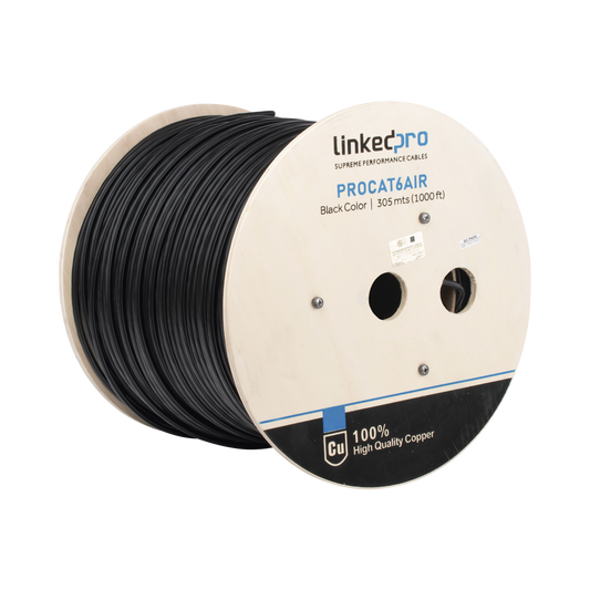Linkedpro PRO-CAT-6-AIR Cat6 FTP cable for outdoor, black, 1000 ft (305 m), for video surveillance applications, data networks. Aerial Installations