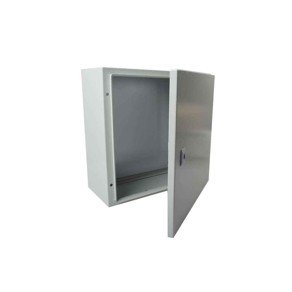 Precision PST-4040-20A Single Door Wall Mount Enclosure (15.75 x 15.75 x 7.87 in) and Metal Backplate for equipment assembly.