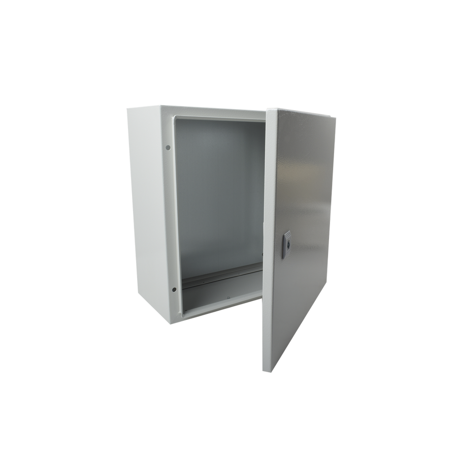 Precision PST-4040-20A Single Door Wall Mount Enclosure (15.75 x 15.75 x 7.87 in) and Metal Backplate for equipment assembly.
