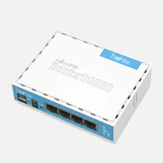 MikroTik RB941-2ND RouterBOARD Home Access Point hAP Lite with 650MHz CPU, 32MB RAM, 4x LAN, 2.4GHz 802.11b/g/n 2x2 Dual Chain Wireless Radio with Integrated Antennas, RouterOS L4, classic case, PSU