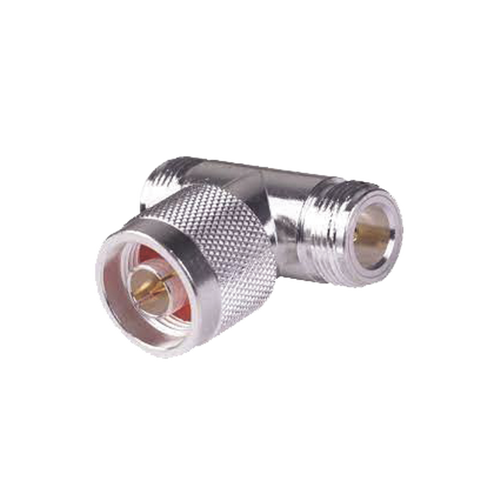 RF Industries RFN-1010-1 T Shape Adapter, from N Male to Double N-Female Connector, Silver/ Gold/ PTFE.