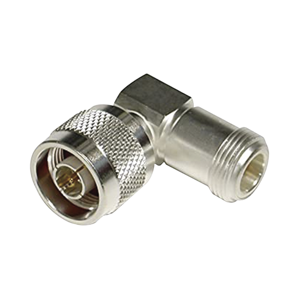 RF Industries RFN-1012-1 Right Angle Adapter from N Male to N Female Connector, Silver/ Gold/ PTFE.