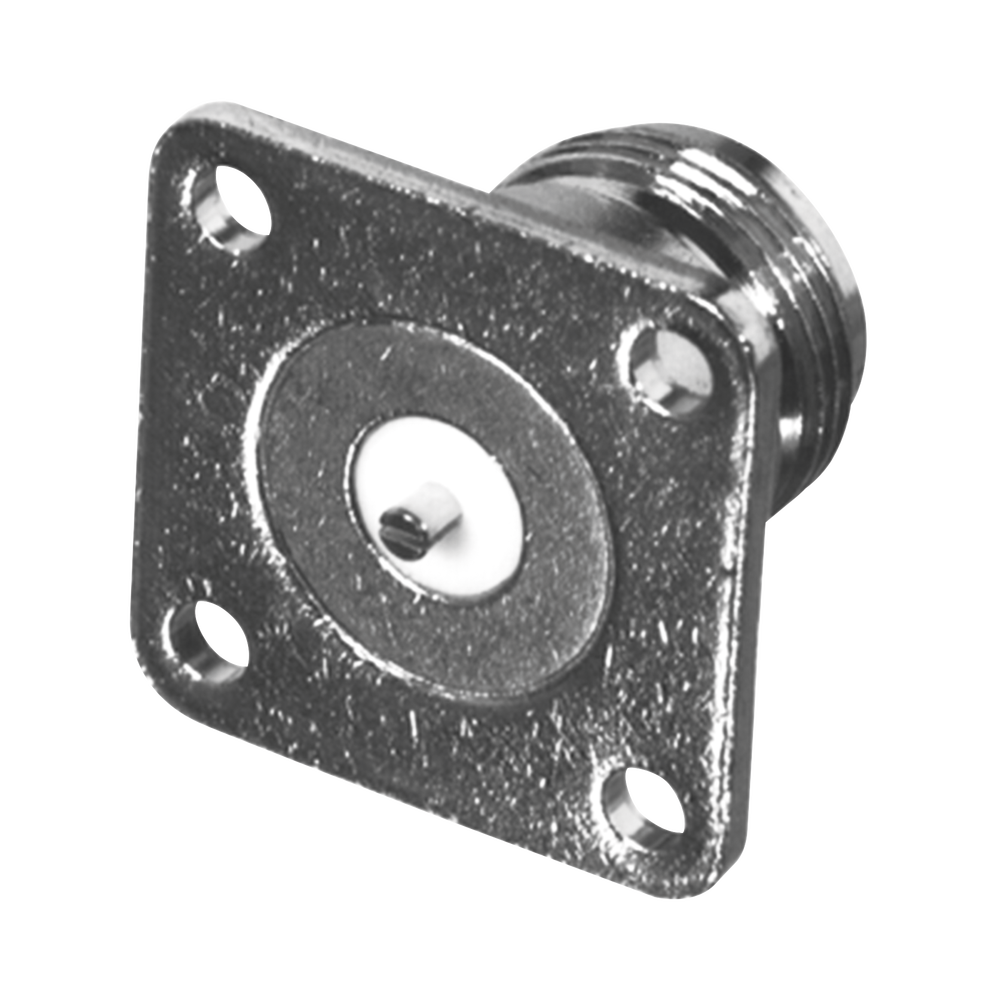 RF Industries RFN-1021-14 N Female Connector, 4-Hole Panel Mounting, 18 mm, Slotted Contact, Nickel/ Gold/ PTFE.