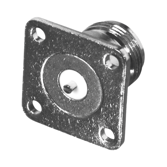 RF Industries RFN-1021-14 N Female Connector, 4-Hole Panel Mounting, 18 mm, Slotted Contact, Nickel/ Gold/ PTFE.