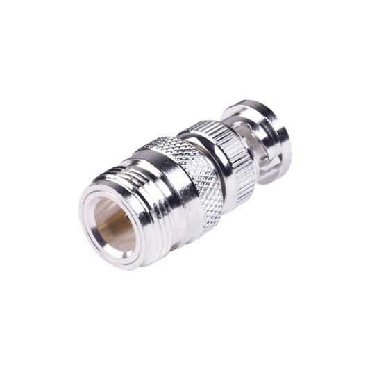 RF Industries RFN-1038-1 50 Ohm on Line Straight Adaptor, from N Female Connector to BNC Male, Silver / Gold /PTFE.