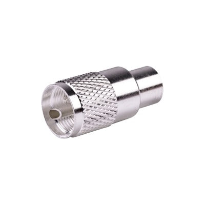 RF Industries RFU-500 UHF Male Connector (PL-259) for RG-8/U, 8237, RG-8U-SYS, 8267, 8268, 9913, RFLASH-1113, 8214, CTN-400, LMR-400 cables, Silver (Nickel on Shell)/ Silver/ D.A.P. (Mineral and Synthetic Fiber).